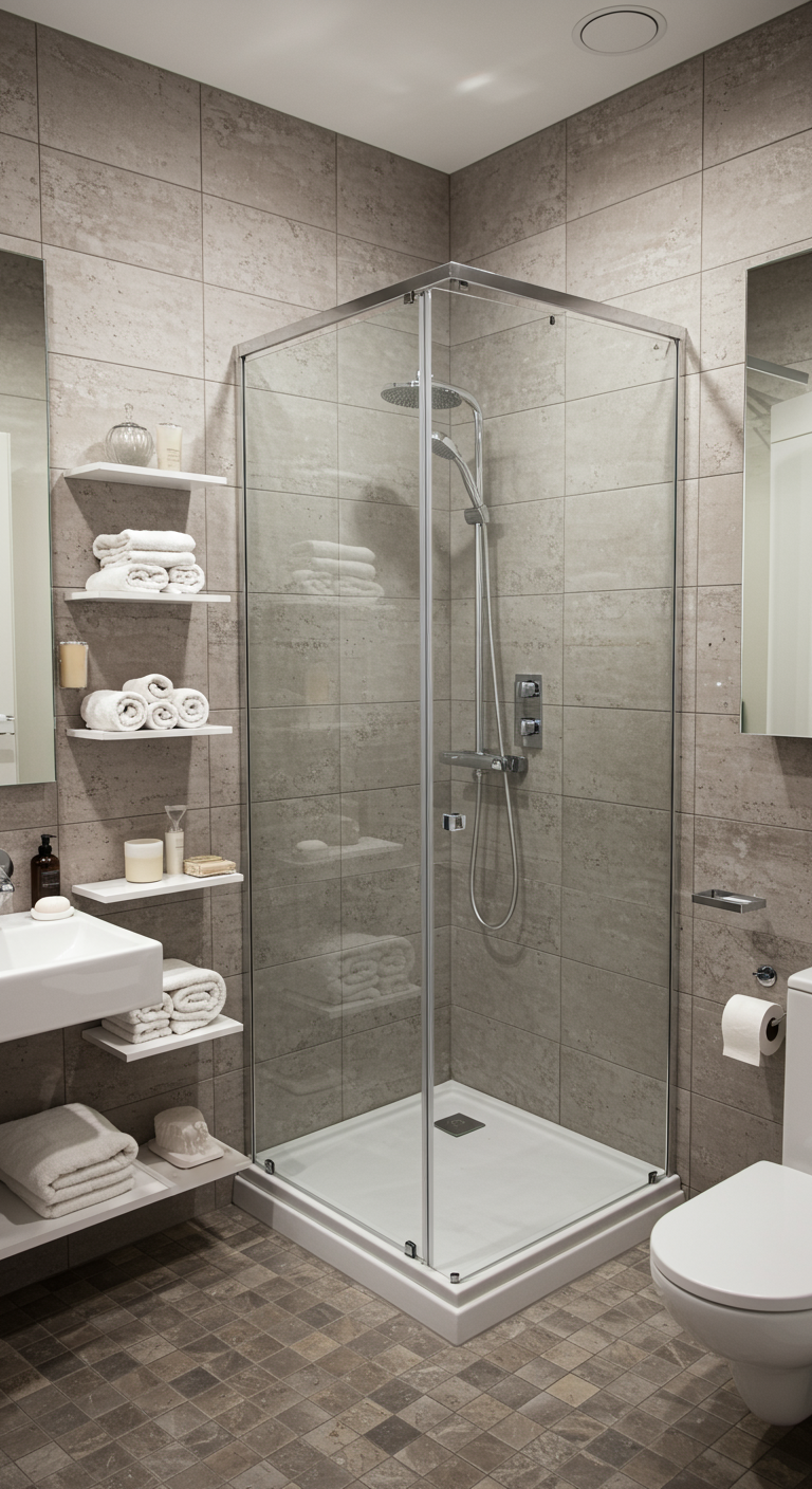 Geometric Spa Transformations - A small, modern bathroom corner transformed into a spa using geometric shapes. A triangular glass shower stall is neatly tucked into the corner, maximizing space. Sleek, rectangular shelves hold rolled white towels and bath bombs, while a tall, rectangular mirror reflects the light, creating an illusion of a larger space. The grout between the tiles on the floor is slightly discolored in a few places.
