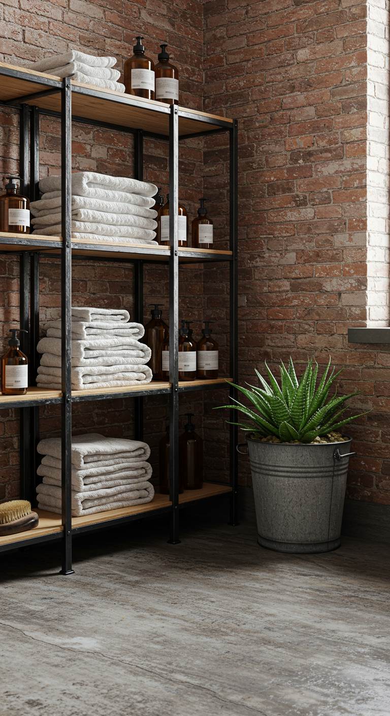 Industrial Spa Corner Concepts - A highly detailed, photorealistic image of an industrial spa corner in a small bathroom. Exposed brick walls form the backdrop, contrasted by smooth, polished concrete flooring with slight imperfections and hairline cracks. Dark metal shelving units hold neatly folded, fluffy white towels and an assortment of amber-colored glass bottles filled with bath products. An old, galvanized metal bucket serves as a planter, holding a thriving succulent; water droplets are visible on the plant's leaves.