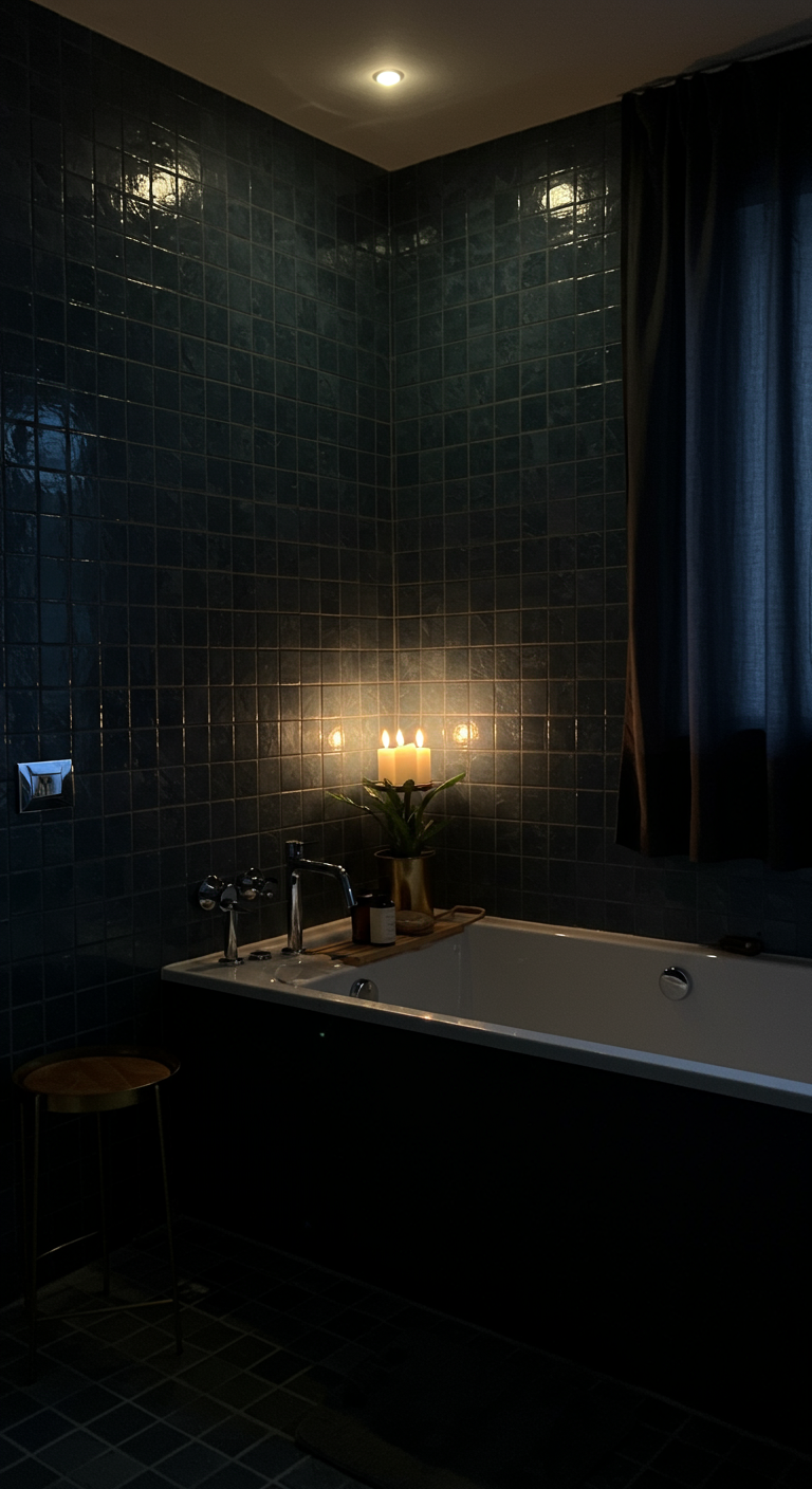 Dark and Moody Spa Styles - A dimly lit, small bathroom corner transformed into a modern spa. Dark blue textured tiles line the walls, reflecting the soft glow of strategically placed candles. A freestanding black soaking tub with minimalist chrome fixtures sits beneath a small window veiled by sheer, dark curtains. A few imperfections on the wall, such as a small crack. A dark-colored bath bomb rests on the edge of the tub, and a single green plant in a gold pot adds a touch of contrast.