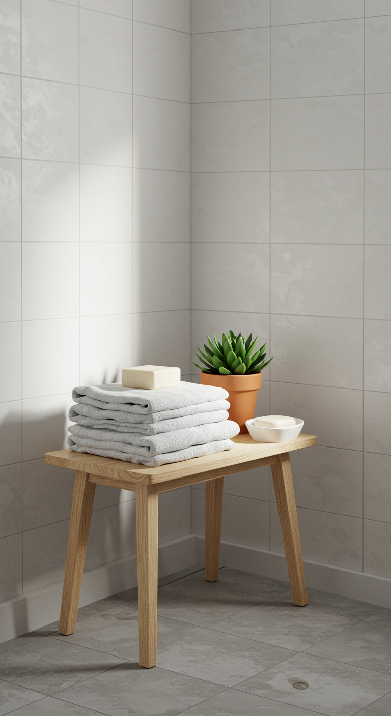 Scandinavian Mini Spa Styles - A brightly lit, minimalist Scandinavian bathroom corner. A small, light wood stool holds neatly folded, fluffy white towels. A simple, white ceramic soap dish sits on a clean, light gray countertop next to a small, green succulent in a terracotta pot. Subtle imperfections like slightly uneven tile grout and a small water stain on the wooden stool add realism.