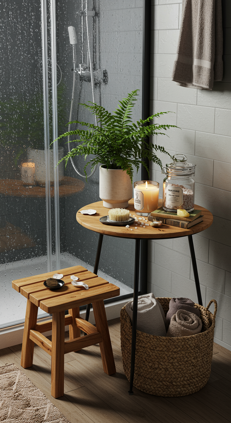Relaxing Modern Corners - A realistic, high-resolution photograph of a small, modern bathroom corner transformed into a relaxing spa haven. A teak wood stool sits next to a frosted glass shower, adorned with a small, leafy fern in a minimalist ceramic pot. A small, round side table holds a partially burned candle, a glass jar filled with bath salts, and a worn paperback book. A woven seagrass basket rests beneath the table, slightly askew, containing rolled-up hand towels. Subtle water stains are visible on the shower glass, and a faint ring of dust is noticeable on the table's surface, enhancing the realistic, lived-in feel.