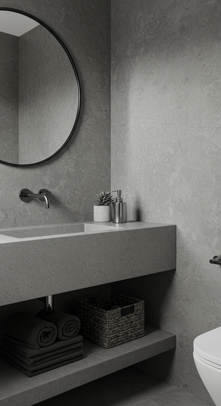 Monochrome Spa Corner Ideas - Highly detailed, photorealistic image of a small bathroom corner transformed into a monochrome spa retreat, predominantly in shades of gray. The corner features a floating vanity with a concrete countertop and a sleek, wall-mounted faucet. Above the vanity, a round mirror with a thin black frame reflects the subtle texture of the gray, slightly imperfect plaster wall. Fluffy, dark gray towels are neatly stacked on an open shelf below the vanity, contrasting with a woven basket holding rolled-up lighter gray hand towels. A small, potted succulent sits on the countertop, adding a touch of organic texture, and a brushed nickel soap dispenser completes the minimalist aesthetic.