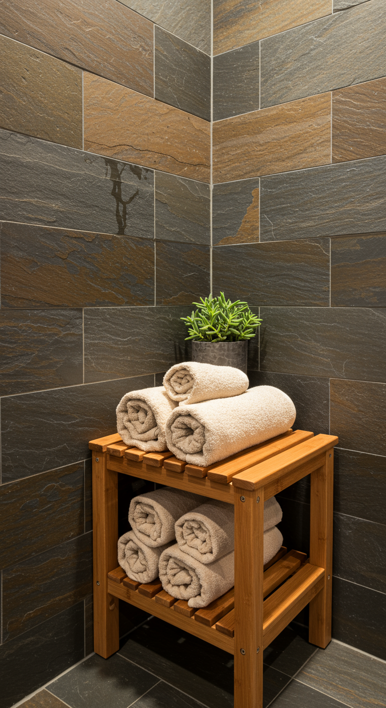 Earthy Modern Spa Design - A small, modern bathroom corner transformed into an earthy spa retreat. Natural slate tiles adorn the walls, complemented by a small teak shelf holding rolled-up cream-colored towels. A miniature succulent sits atop the shelf, adding a touch of greenery, with a subtle water stain visible on the tile behind it.