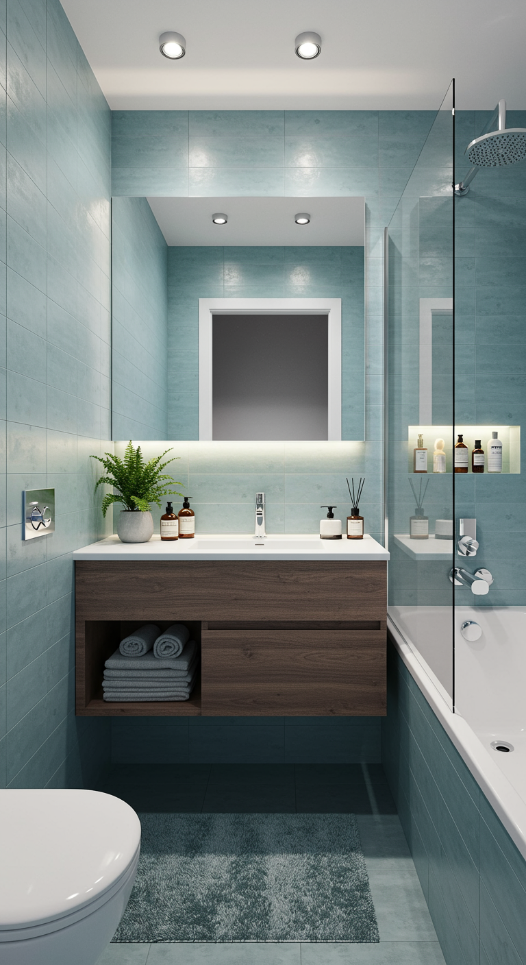 Compact Spa-Like Bathrooms - A small, modern bathroom transformed into a compact spa. Soft blue-green tiles line the walls, reflecting the dimmable recessed lighting. A floating vanity with integrated storage holds neatly folded towels and aromatherapy diffusers, while a small potted fern sits on the countertop. A textured, non-slip bath mat lies in front of the glass-enclosed shower, where a rainfall showerhead and built-in niche for bath products are visible.