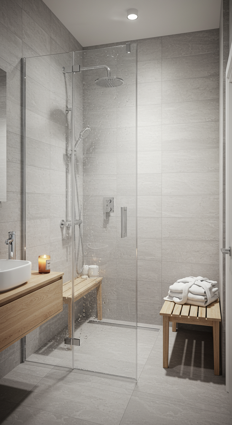 Luxe Modern Spa Designs - Ultra-detailed, photorealistic image of a small, modern bathroom corner transformed into a luxurious spa. Features include smooth, light gray stone tiles, a frameless glass shower enclosure with minimalist chrome fixtures, and a built-in bench crafted from light-toned wood. A small, sleek floating vanity with a vessel sink sits adjacent to the shower, topped with a single, elegantly scented candle and a neatly folded, fluffy white robe. Subtle water stains are visible on the shower glass, and a slight imperfection exists in the tile grout to enhance realism.
