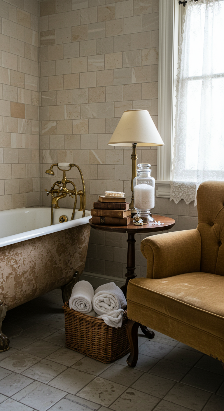 Vintage-Inspired Spa Nooks - A small, vintage-inspired spa nook in a modern bathroom featuring a clawfoot tub with tarnished brass fixtures, surrounded by aged subway tiles with hairline cracks and slightly uneven grout. A worn, velvet-upholstered armchair sits beside a small, round side table holding a stack of antique books with faded covers and a vintage-style lamp casting a warm, soft glow. Rolled, fluffy towels are arranged in a wicker basket, and bath salts are displayed in a cut-glass jar with a tarnished silver lid, all illuminated by natural light filtering through a sheer, lace-trimmed window curtain.
