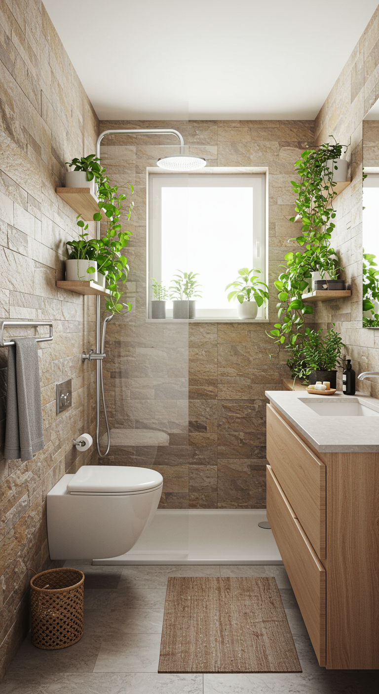Biophilic Bathroom Sanctuaries - A small, modern bathroom transformed into a biophilic sanctuary. Lush green plants cascade from shelves and hang from the shower rod, thriving in the natural light streaming through a window. The walls are clad in textured stone, contrasting with the smooth, light wood vanity. A worn, wooden bath mat sits on the floor, adding to the natural aesthetic.
