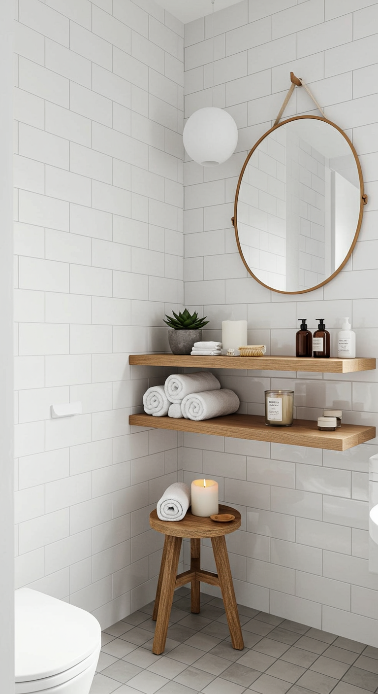 Bright Modern Spa Corners - A bright, modern spa corner in a small bathroom, featuring clean lines, white subway tiles with slight imperfections, and light gray grout. Natural light floods the space, highlighting a floating wooden shelf holding rolled white towels and a small potted succulent. A round mirror with a thin metal frame reflects the light, and a small wooden stool sits beneath the shelf, holding a lit candle with a slight wax drip.