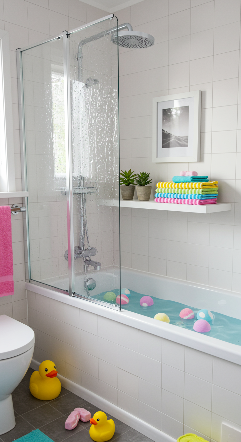 Playful Spa Corner Designs - A brightly lit, modern bathroom corner featuring a small, freestanding bathtub with colorful bath bombs floating on the surface. Playful elements include bright yellow rubber ducky, a small stack of vibrantly patterned towels, and a quirky succulent arrangement on a floating shelf. Slight watermarks on the glass shower screen and a slightly crooked picture frame add a touch of realism to the scene. The overall aesthetic is clean, joyful, and inviting, creating a personal spa retreat within a compact space.