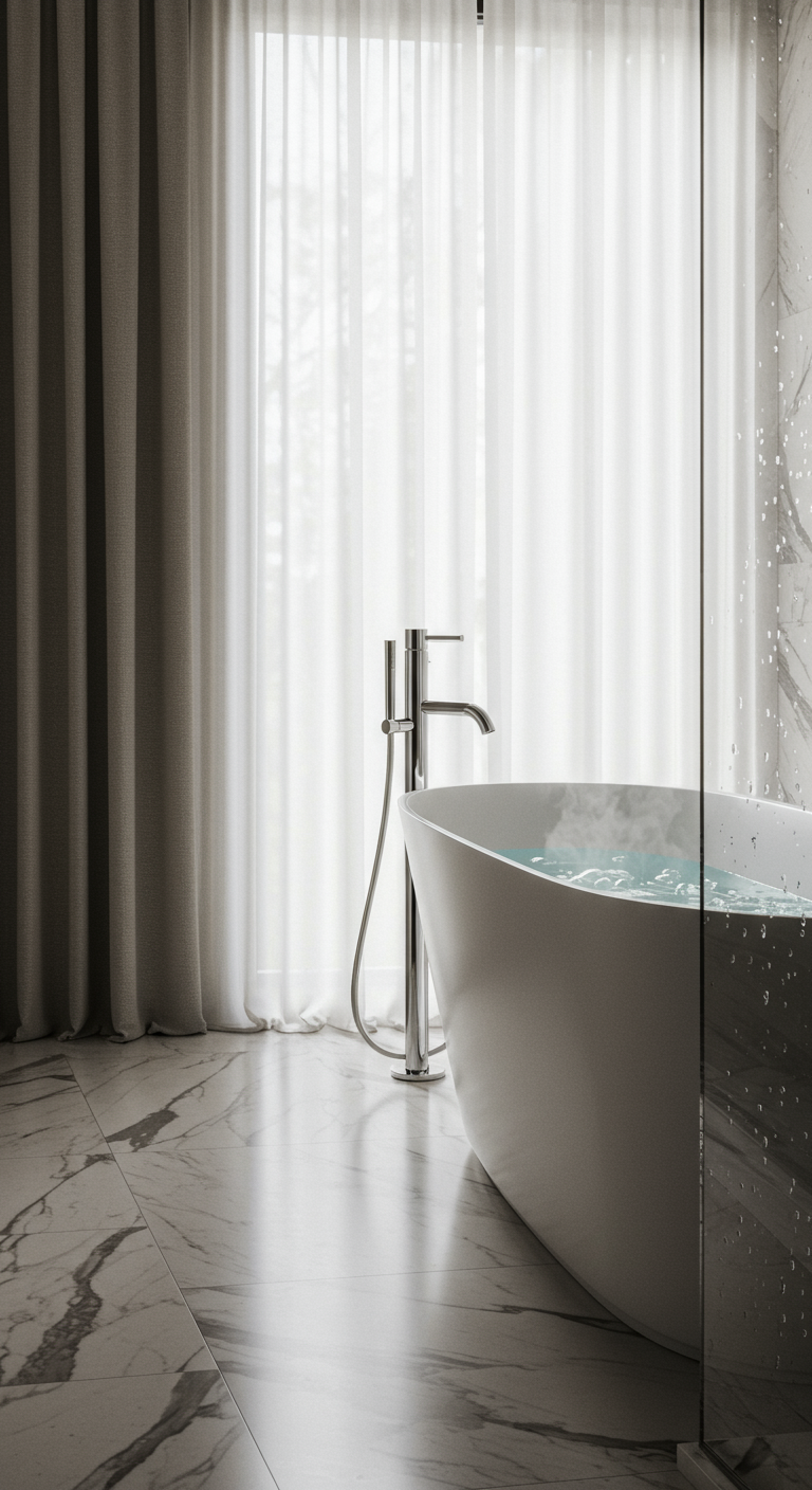 Serene Bathroom Retreats - A modern bathroom bathed in soft, natural light filtering through sheer curtains. The focal point is a freestanding bathtub with sleek, minimalist design, partially filled with steaming water. Light reflects off the polished chrome fixtures and the subtle veining of the marble floor tiles. A few water droplets streak the otherwise pristine glass shower enclosure in the background.