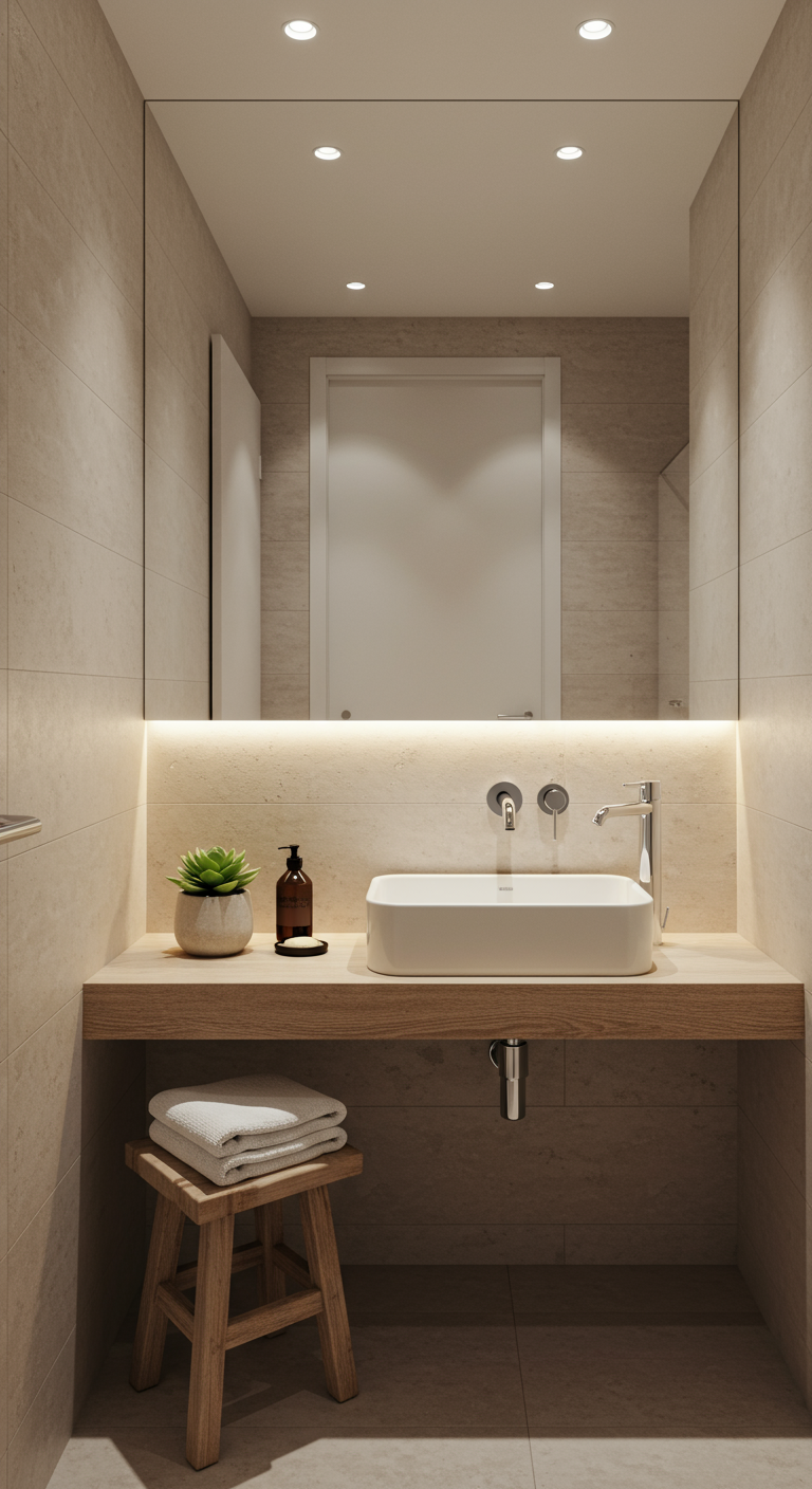 Minimalist Spa Retreats - A small, modern bathroom designed as a minimalist spa retreat. Features include a light-colored stone countertop with a simple white ceramic sink and a sleek, wall-mounted faucet. A single, neatly folded fluffy white towel rests on a small, unfinished wooden stool next to the sink, with a potted succulent placed nearby. Soft, warm lighting emanates from recessed ceiling lights, casting gentle shadows, and subtle water stains are visible near the base of the faucet.