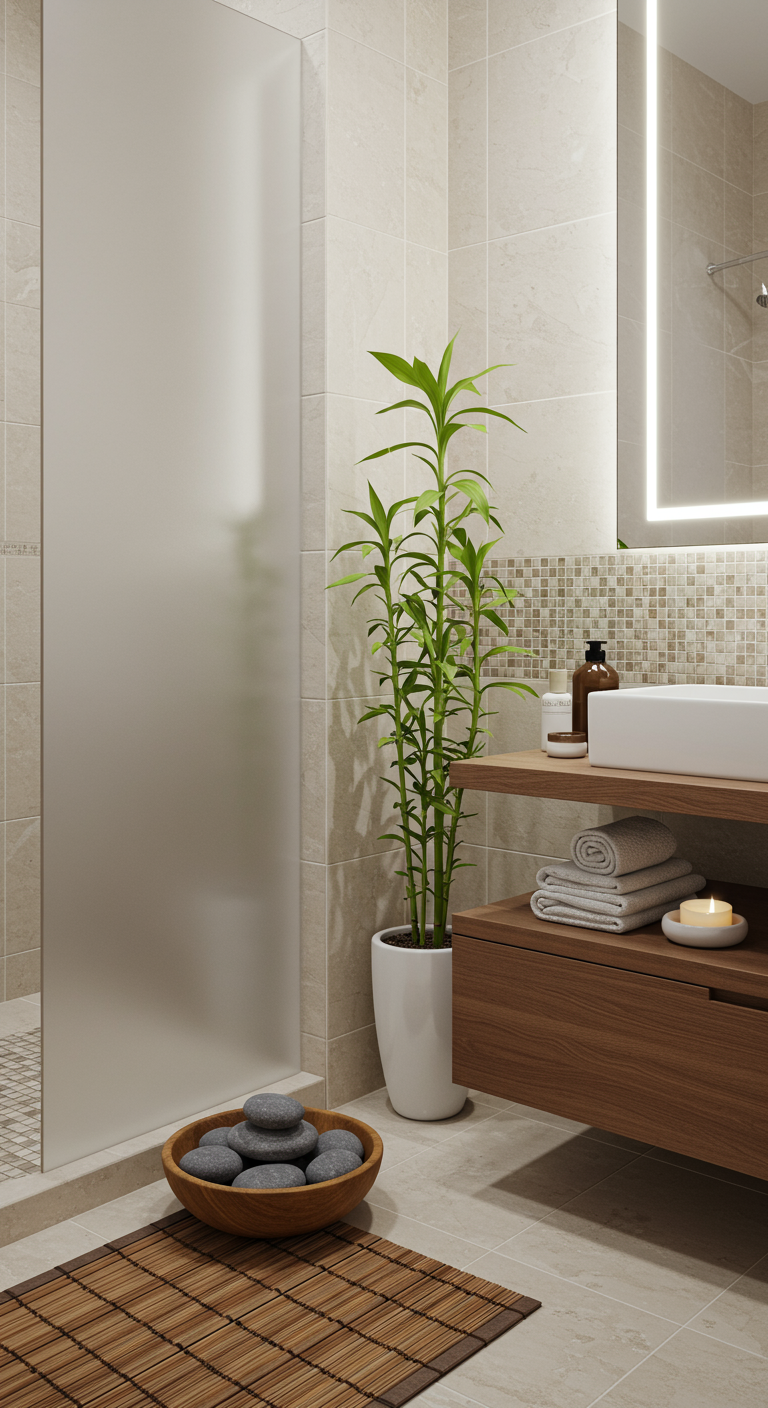 Zen Modern Spa Corners - A meticulously arranged Zen modern spa corner in a small bathroom, bathed in soft, diffused natural light. Smooth, grey river stones fill a shallow wooden bowl, beside a small, thriving bamboo plant in a minimalist white ceramic pot. A partially visible, frosted glass panel subtly obscures the shower area, while a delicate, intricately woven bamboo mat rests on the light beige tiled floor, slightly askew.