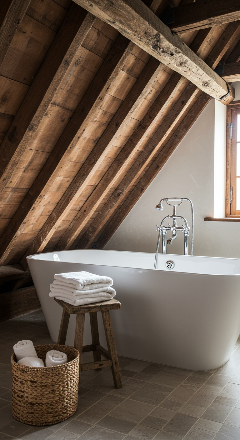 Rustic Modern Spa Spaces - A small, modern bathroom featuring a freestanding, minimalist bathtub. Exposed, rough-hewn wooden beams run across the ceiling, contrasting with the sleek chrome faucet and shower fixtures. A small, weathered wooden stool sits beside the tub, holding a neatly folded stack of fluffy white towels. Natural light streams in through a window, illuminating dust motes in the air, while a woven basket containing rolled-up washcloths rests on the floor.