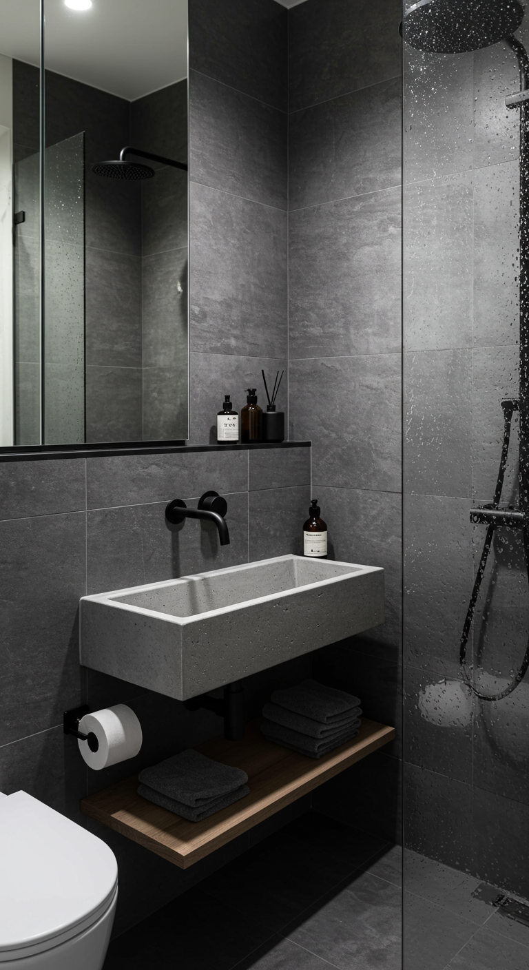 Urban Modern Spa Corners - A small, modern city apartment bathroom corner transformed into a minimalist spa. Dark gray textured tiles line the walls, contrasting with a sleek, wall-mounted black faucet above a shallow, rectangular concrete sink. A rainfall showerhead with a matte black finish is visible, partially obscured by a steamy glass partition, with water droplets clinging to the surface.