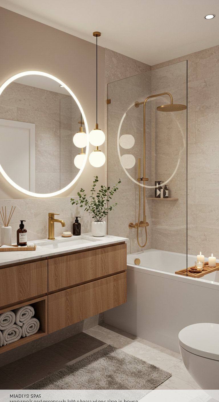 Glam Modern Spa Bathrooms - A small modern bathroom with a luxurious spa-inspired corner setup. The design features soft neutral tones, sleek marble or quartz surfaces, a floating wooden vanity, and a minimalist bathtub or glass shower. Glam touches include gold or brass fixtures, a round backlit mirror, soft ambient lighting, and neatly folded white towels. Add subtle greenery in ceramic pots and a wooden bath tray with candles and essential oils. The space is compact yet elegant, creating a serene, high-end spa atmosphere in a realistic home setting. High-resolution, modern Pinterest-style interior, cozy and stylish