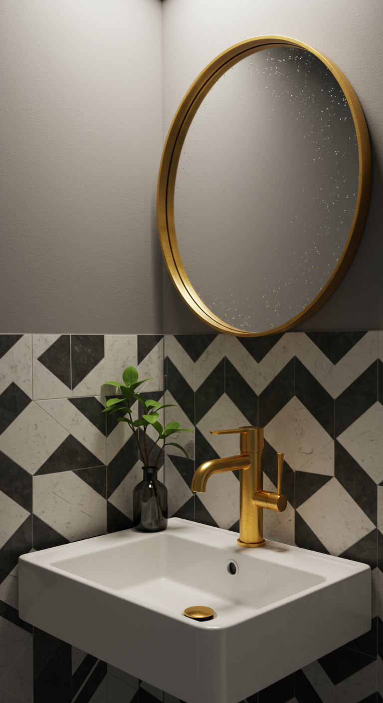 Art Deco Modern Spa - A small, modern bathroom corner designed in the Art Deco style, featuring a round mirror with a gold frame mounted above a sleek, white sink. Geometric patterned tiles in black and white create a backsplash, subtly reflecting light. A brass faucet with an angular design adds a touch of luxury, while a small vase with a single green plant provides a pop of color. The scene is illuminated by soft, diffused light, highlighting the textures and metallic accents, with minor water droplets visible on the mirror to enhance realism.