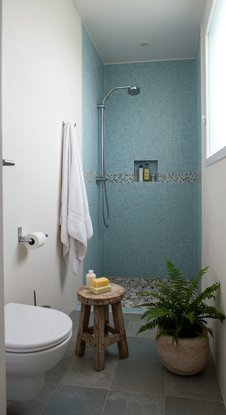 Mediterranean Spa Corners - A small, modern bathroom corner transformed into a Mediterranean spa. White walls with subtle texture, light blue accents in the mosaic tile shower. Natural elements include smooth river stones lining the shower floor, a small weathered wooden stool holding artisanal soap and shampoo. Fluffy, slightly disarranged white towels hang from a simple, unpainted wooden rack. A potted fern thrives in the humid environment, illuminated by soft, natural light filtering through a frosted glass window.