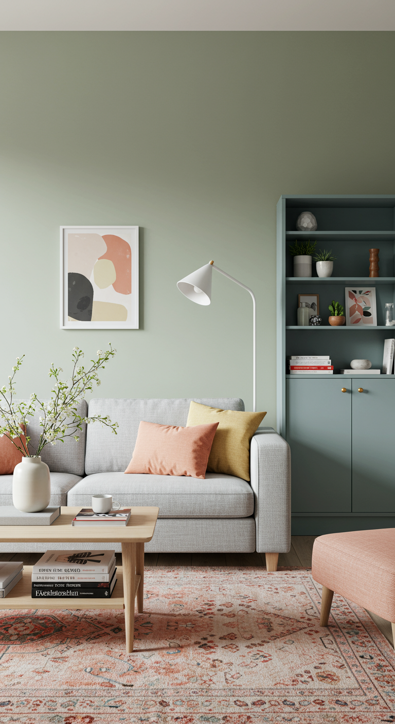 Subtle Vibrancy Living Room Styles - A modern living room bathed in natural light, featuring walls painted a soft sage green. A light gray linen sofa is adorned with accent pillows in muted coral and pale yellow, resting on a subtly patterned rug with terracotta and blush pink hues. A light wood coffee table displays a stack of art books and a ceramic vase with delicate white flowers, while a nearby bookshelf, painted a dusty blue, holds colorful spines and small potted plants.
