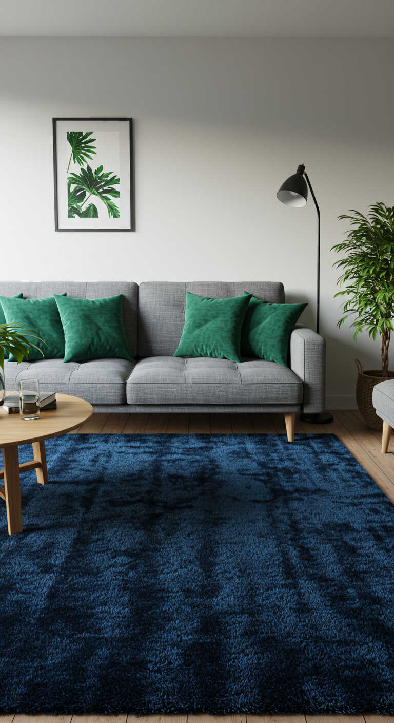 Jewel Tone Accent Living Room Inspirations - A modern living room interior bathed in soft, natural light, showcasing a cozy gray couch adorned with emerald green velvet throw pillows. A sapphire blue rug anchors the space, complemented by light wood furniture and scattered indoor plants. Subtle imperfections like a slightly crooked picture frame and a worn edge on the rug enhance the realism, creating a warm and inviting atmosphere with jewel-toned accents.