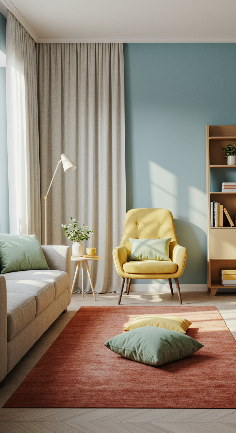 Blissful Balance Color Living Room - Realistic, modern living room interior bathed in natural light, showcasing a soft blue wall color complemented by a pale yellow accent chair and a muted terracotta rug. Linen curtains filter sunlight onto light wood flooring, while a scattering of sage green cushions adorn a neutral-toned sofa. A slightly crooked bookshelf displays color-coordinated books and small potted plants, adding subtle pops of color.