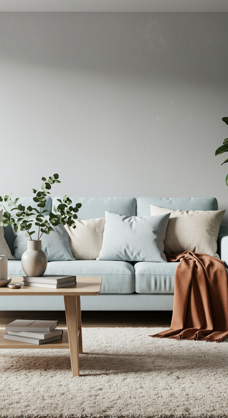 Softly Styled Living Room - A highly detailed, realistic modern living room interior bathed in soft natural light, showcasing a pale blue sofa adorned with linen cushions in varying shades of gray and cream. A light wood coffee table sits atop a fluffy, off-white rug, displaying a stack of books and a ceramic vase holding a single sprig of eucalyptus. Walls are painted a light gray, subtly textured, with a slight imperfection near the corner. A terracotta-colored throw blanket is casually draped over the sofa's armrest, adding a touch of warmth. Indoor plants, including a fiddle-leaf fig in a woven basket, are strategically placed to enhance the calm and livable atmosphere.