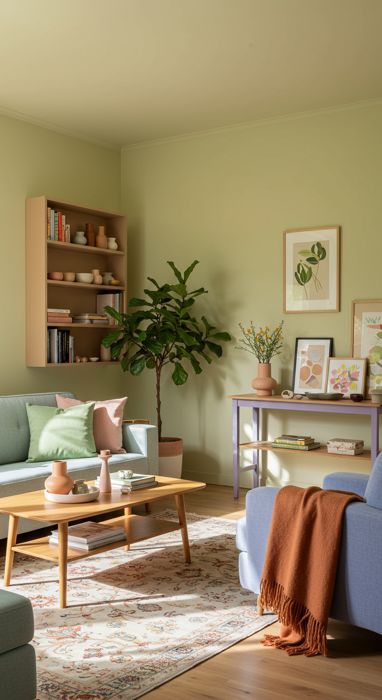 Earthy Bright Living Room Looks - A sun-drenched modern living room with pale yellow walls, showcasing a linen sofa adorned with sage green and blush pink accent pillows. Light wood coffee table sits atop a natural fiber rug with a subtle floral pattern. Indoor plants, including a fiddle-leaf fig and hanging pothos, add a touch of nature.