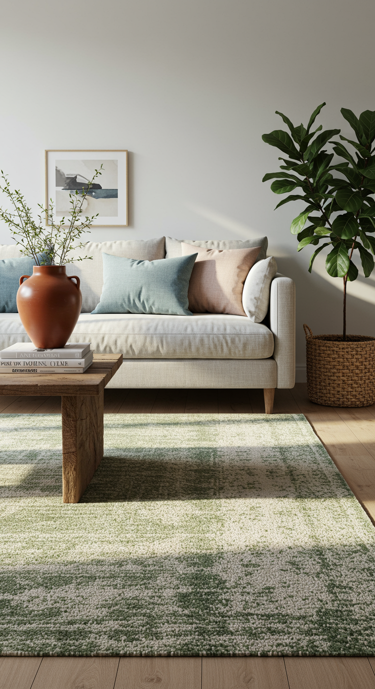 Hint of Color Living Room Arrangements - A sun-drenched, modern living room with light wood flooring and a linen sofa adorned with dusty blue and blush pink accent pillows. A terracotta-colored vase sits on a reclaimed wood coffee table, next to a stack of art books. A hand-knotted wool rug with a subtle geometric pattern in sage green and cream anchors the space, while a fiddle-leaf fig in a woven basket adds a touch of greenery.