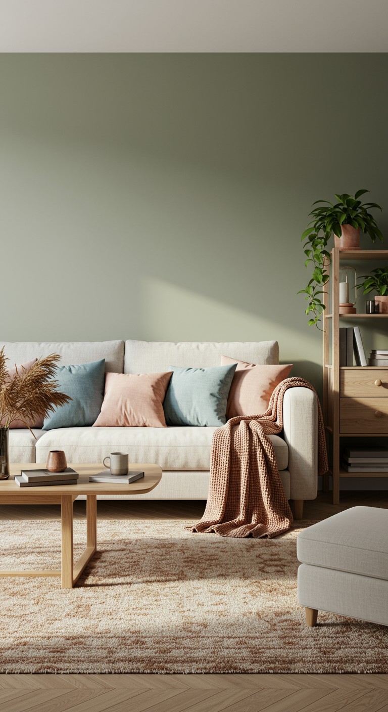 Mellow Color Infusions Living Room - A sun-drenched modern living room with walls painted in a soft, muted sage green, featuring a light wood coffee table with a few scattered books and a ceramic mug. A plush, off-white linen sofa is adorned with accent pillows in dusty blue, blush pink, and terracotta, alongside a loosely draped boucle throw blanket. An area rug with a subtle geometric pattern in warm neutral tones anchors the space, while potted plants with varying shades of green leaves sit on a nearby bookshelf crafted from light wood, adding a touch of natural imperfection with slightly askew placement.