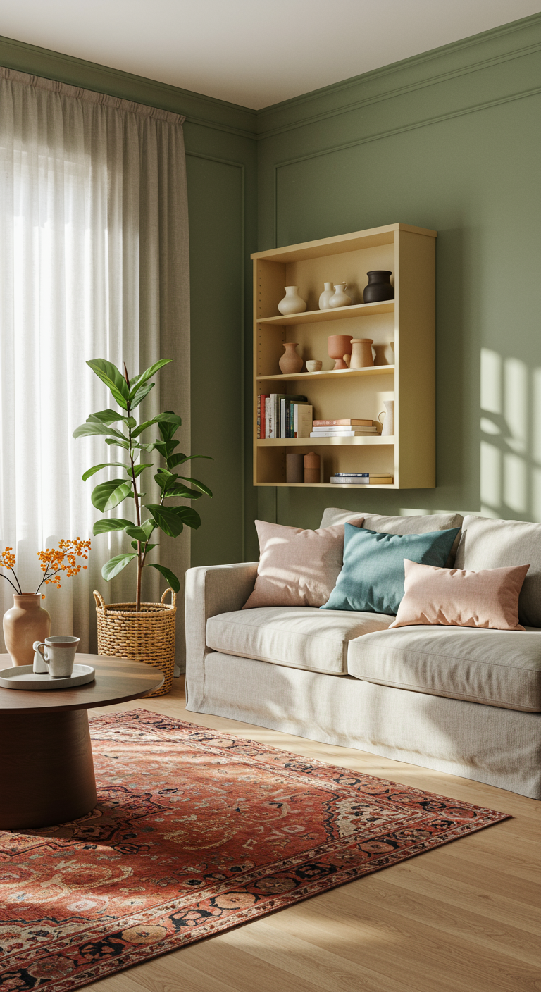 Quiet Color Living Room Visions - A sun-drenched modern living room with sage green walls and a light oak floor, featuring a linen sofa adorned with dusty blue and blush pink accent pillows. A textured terracotta rug anchors the space, while a vintage bookshelf painted a muted pale yellow displays a curated collection of books and pottery. Natural light streams through sheer linen curtains, illuminating a fiddle-leaf fig plant in a woven basket.