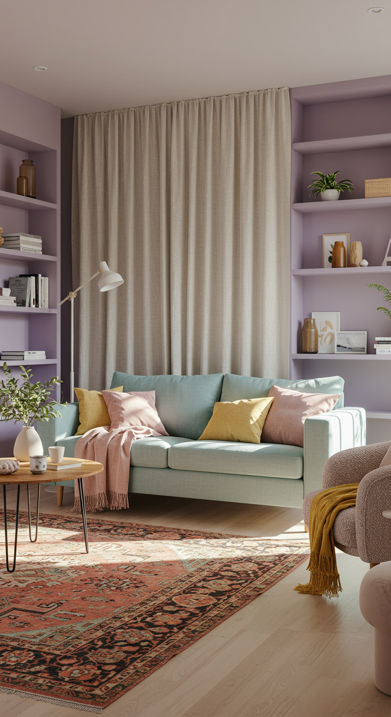 Restrained Rainbow Living Room - A sun-drenched, modern living room interior featuring a light blue linen sofa adorned with dusty rose and pale yellow throw pillows. A subtly patterned rug with hints of terracotta and sage green lies on a light wood floor. Bookshelves painted a muted lavender display a curated collection of books and decorative objects. Natural light streams through sheer linen curtains, illuminating indoor plants and highlighting the cozy texture of a boucle armchair.