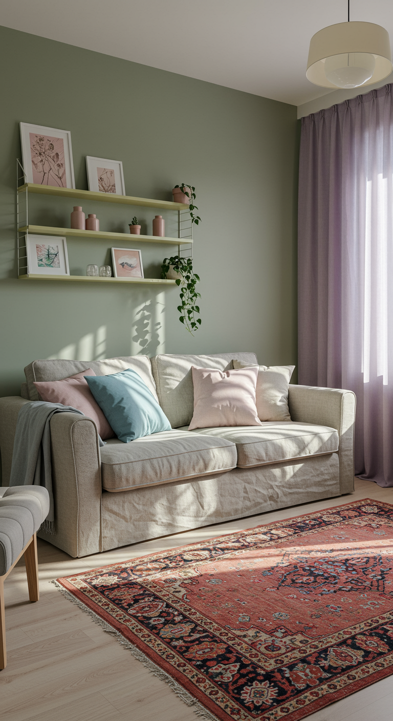 Lighthearted Living Room Colors - A sunlit, modern living room with walls painted a muted sage green. A light linen sofa is adorned with dusty blue and blush pink accent pillows, complemented by a terracotta-patterned rug on a light wood floor. A bookshelf, painted pale yellow, displays art prints and small potted plants, while sheer lavender curtains filter the natural light, casting soft shadows.