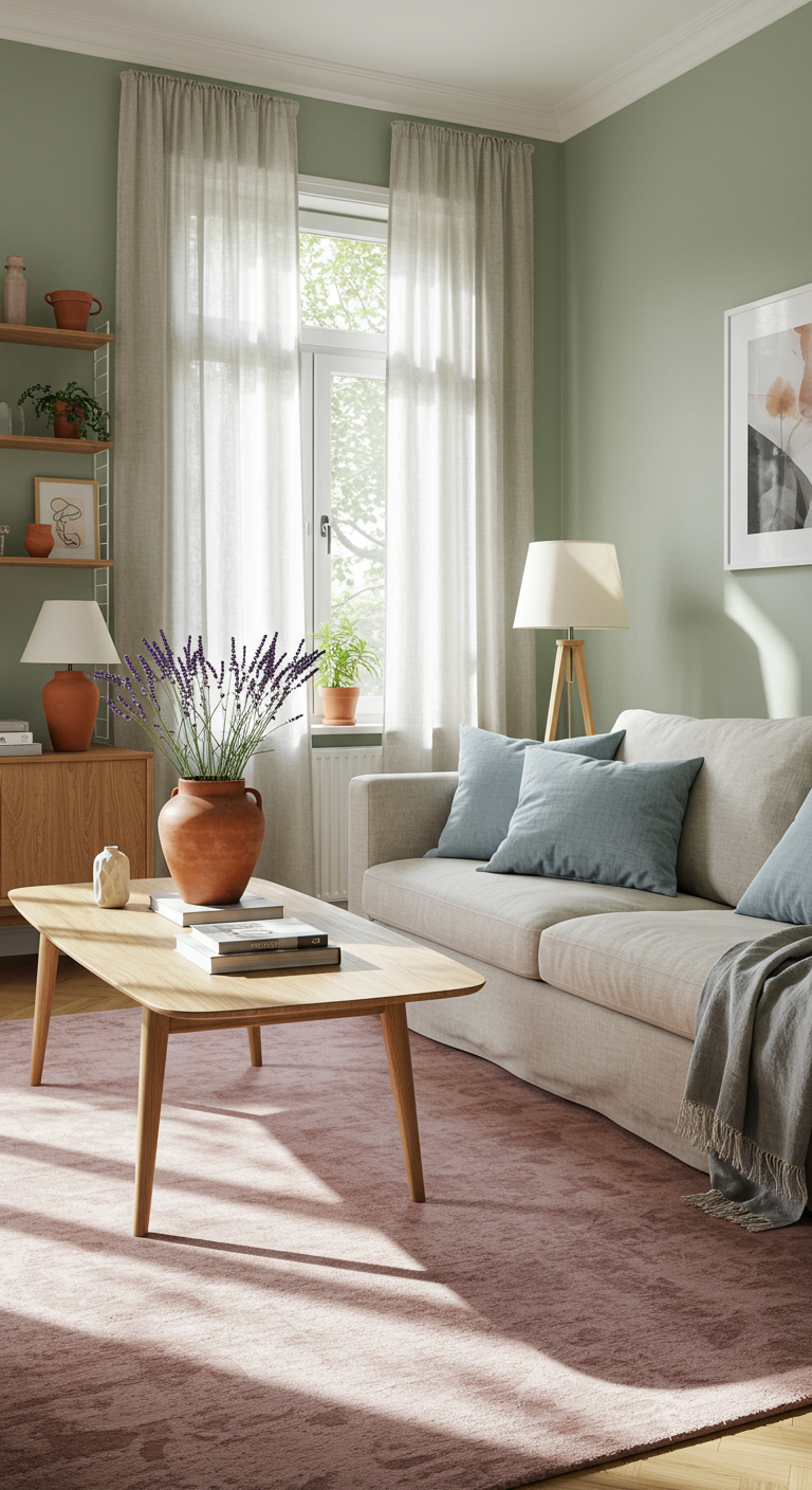 Gentle Hues Living Room Planning - A sun-drenched, modern living room with pale sage green walls, linen curtains filtering soft light, and a light oak coffee table subtly marred by a faint water ring. A plush, textured rug in a muted blush pink anchors the space, complemented by dusty blue accent pillows scattered across a neutral linen sofa. A curated bookshelf displays a mix of hardcovers and small potted plants, while a terracotta vase holding delicate lavender sprigs rests on a side table, with a slightly crooked lampshade.