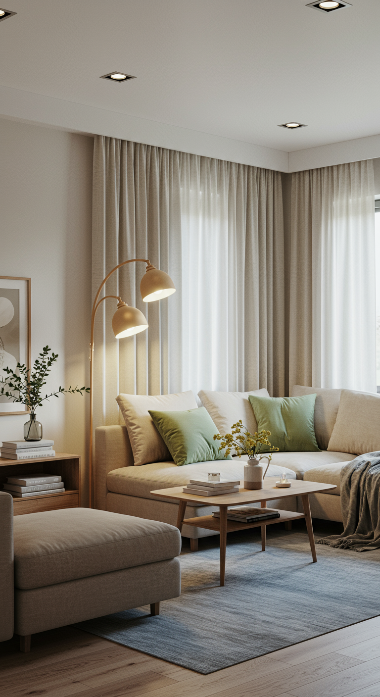 Harmonious Brightness for Living Room - A modern living room bathed in soft, natural light, featuring layered lighting from a floor lamp, table lamp, and recessed ceiling lights. The color palette is primarily warm neutrals with accents of sage green in the throw pillows and a dusty blue rug. Light wood furniture, linen curtains, and indoor plants add texture and life to the inviting space, with subtle imperfections like a slightly worn rug and a few books askew on the shelf enhancing the realistic feel.