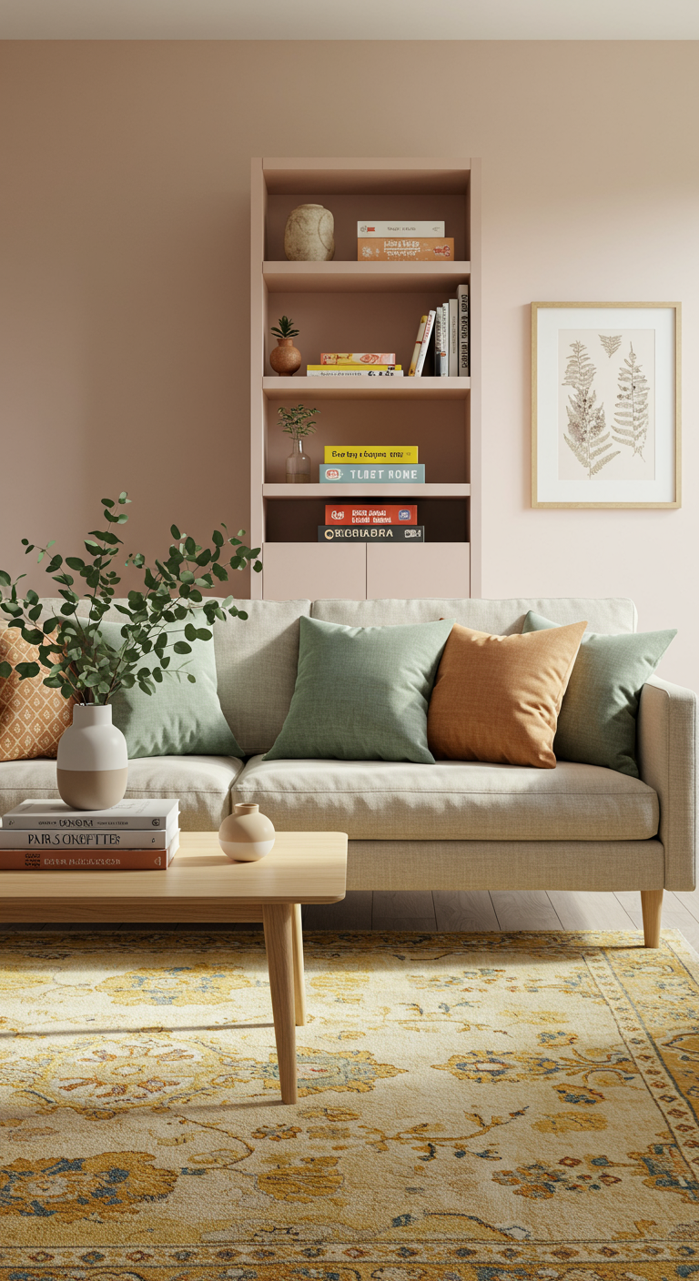 Playful Yet Relaxed Living Room - A modern living room bathed in natural light, showcasing a comfortable linen sofa adorned with patterned throw pillows in muted shades of sage green, dusty blue, and terracotta. A light wood coffee table displays a stack of art books and a ceramic vase holding a few sprigs of eucalyptus. An intricately patterned rug in pale yellow and warm neutrals anchors the space, while a bookshelf painted a soft blush pink houses a collection of novels, board games, and small potted plants. A slightly crooked framed print hangs above the sofa, adding a touch of personality.