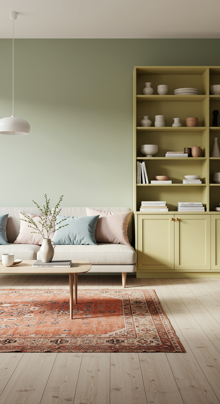 Zen-Inspired Color Living Room - A modern living room interior bathed in natural light, showcasing a Zen-inspired color palette with soft sage green walls and light wood flooring. The room features a neutral-toned sofa adorned with dusty blue and blush pink linen cushions, complemented by a terracotta-patterned rug. A minimalist coffee table sits atop the rug, holding a ceramic vase with a single sprig of greenery, while a bookshelf painted in a pale yellow hue displays a curated collection of books and pottery, some slightly askew.
