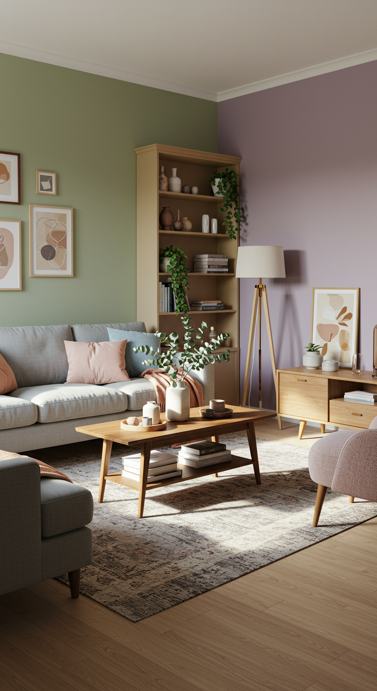 Colorful Calm Living Room Setups - A sun-drenched modern living room with a light gray linen sofa adorned with dusty blue and blush pink throw pillows. A jute rug sits atop light hardwood floors, grounding a reclaimed wood coffee table styled with stacked books and a ceramic vase holding eucalyptus branches. One wall is painted a soft sage green, complementing a gallery wall featuring abstract art in muted tones. Slight imperfections like a scuff on the baseboard and a slightly crooked picture frame enhance the realism.