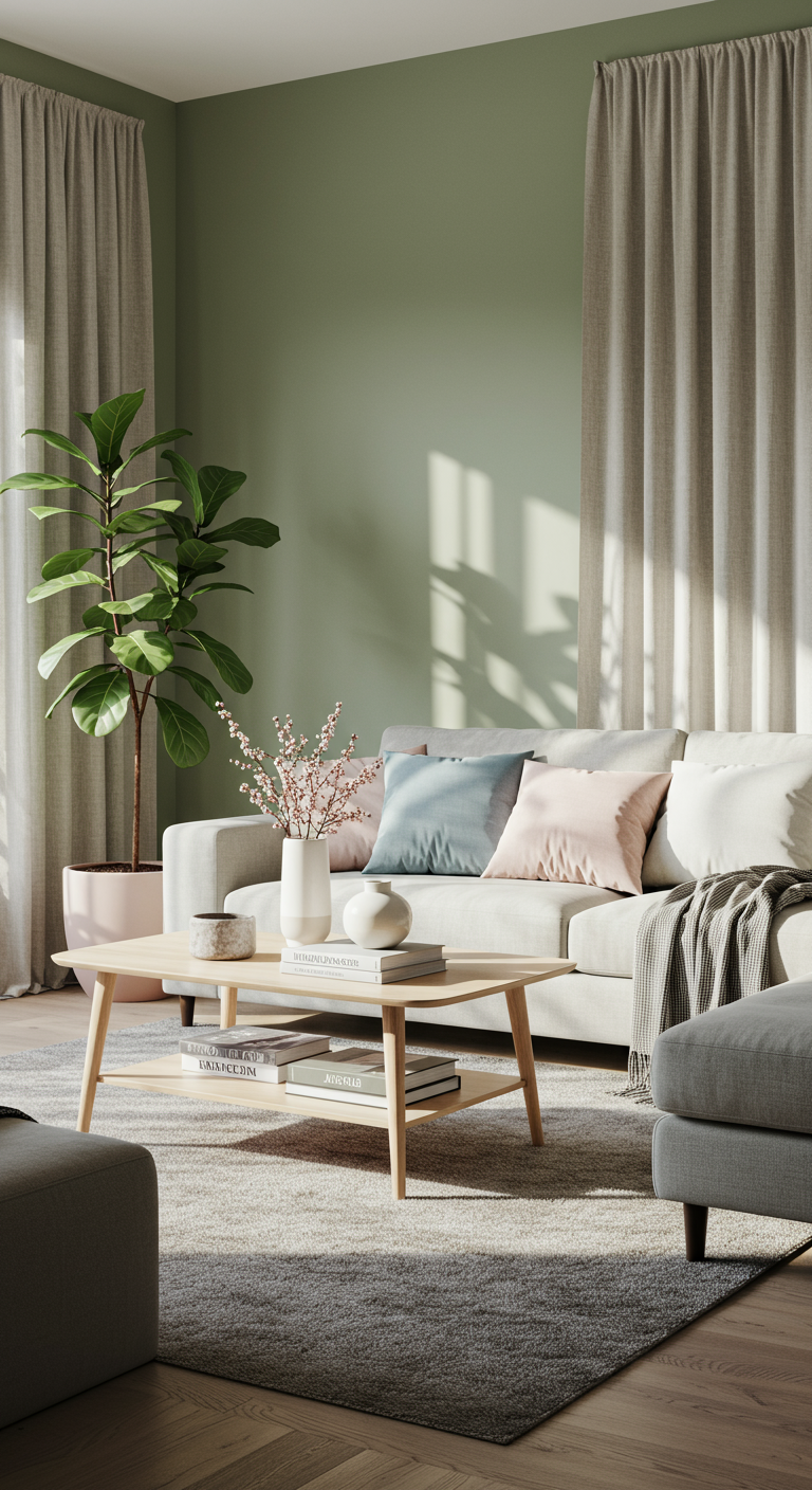 Happy Medium Living Room Colors - A modern living room bathed in natural light, showcasing walls painted a soft sage green. Linen curtains filter the sunlight, illuminating a light wood coffee table adorned with a ceramic vase and a stack of books. The scene includes a neutral-colored sofa accented with dusty blue and blush pink throw pillows, alongside a textured rug in a warm gray. A potted fiddle-leaf fig tree stands in the corner, adding a touch of nature to the serene interior.