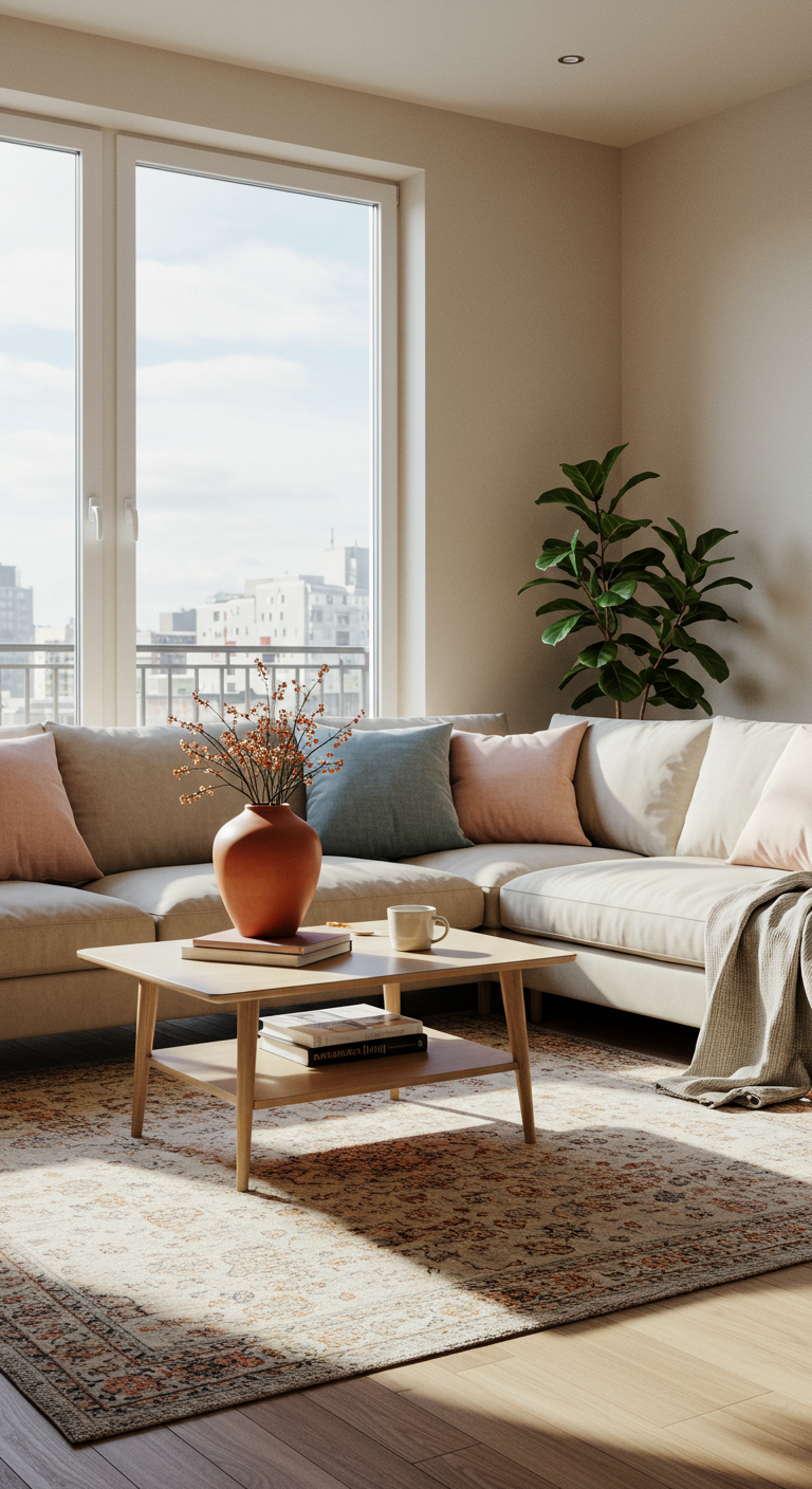 Whisper of Color Living Room Layouts - A sun-drenched, modern living room with light hardwood floors and a large window overlooking a cityscape. The walls are painted a warm, off-white, and a plush, neutral-toned sofa is adorned with dusty blue and blush pink linen throw pillows. A terracotta-colored ceramic vase sits on a light wood coffee table, alongside a stack of books and a partially filled mug. A slightly crooked, hand-knotted rug with a muted geometric pattern anchors the space, and a fiddle-leaf fig plant adds a touch of greenery in a corner.
