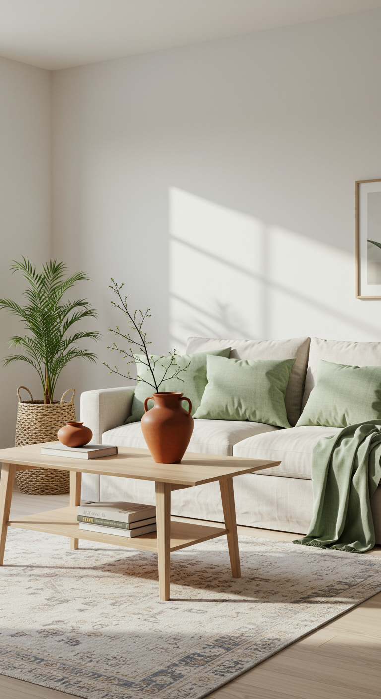 Warm & Gentle Bright Living Room - A bright, modern living room bathed in natural light, featuring creamy white walls and light wood flooring. Soft, muted tones of sage green and dusty blue accent the space through throw pillows on a linen sofa and a subtly patterned rug. A terracotta-colored vase sits atop a light wood coffee table, next to a stack of books with slightly worn edges, adding a touch of warmth and imperfection. Indoor plants in woven baskets are placed near a window, casting subtle shadows on the walls.