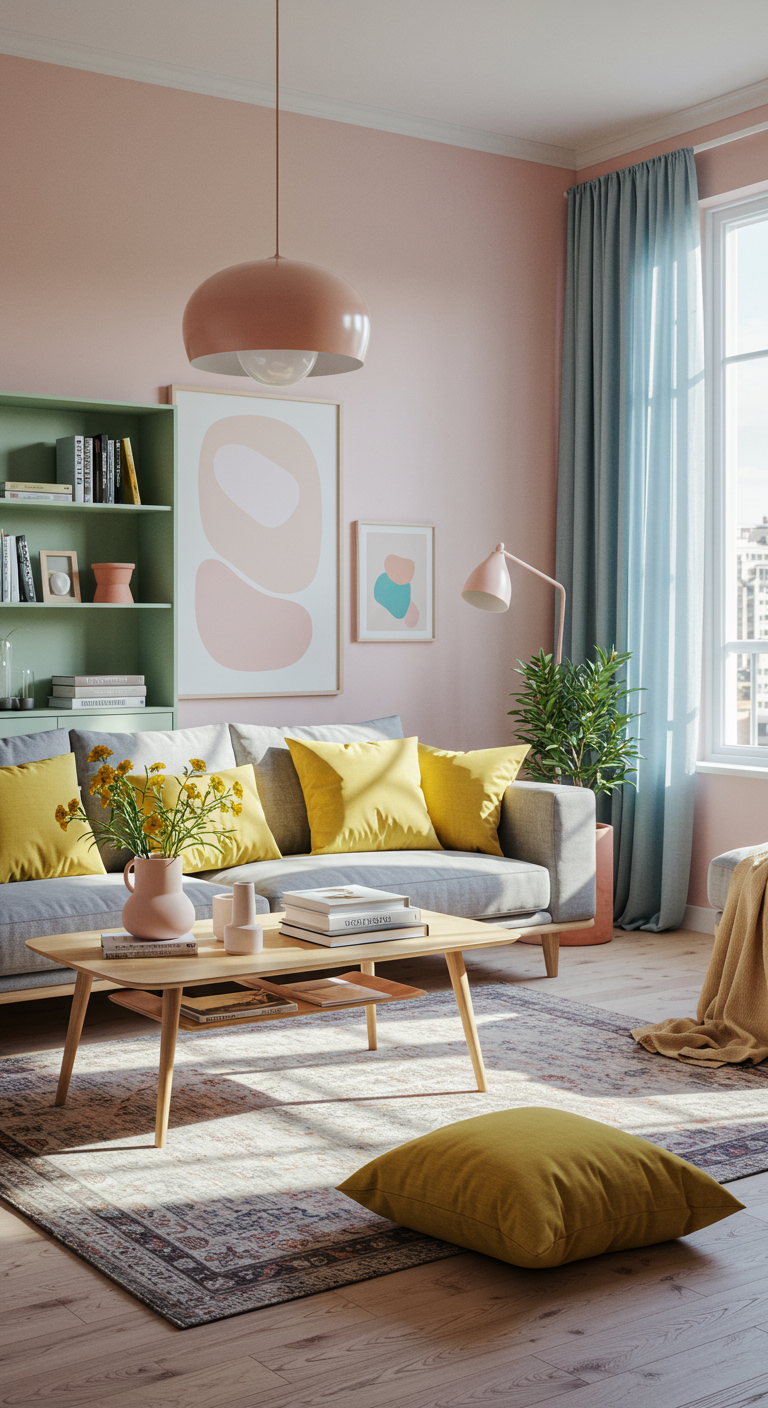 Pastel Pop Living Room Concepts - A modern living room bathed in natural light, featuring light pink walls and a comfortable grey linen sofa. Bright yellow throw pillows and a geometric patterned rug add pops of color. A light wood coffee table sits in the center, adorned with a stack of books and a ceramic vase holding fresh flowers.