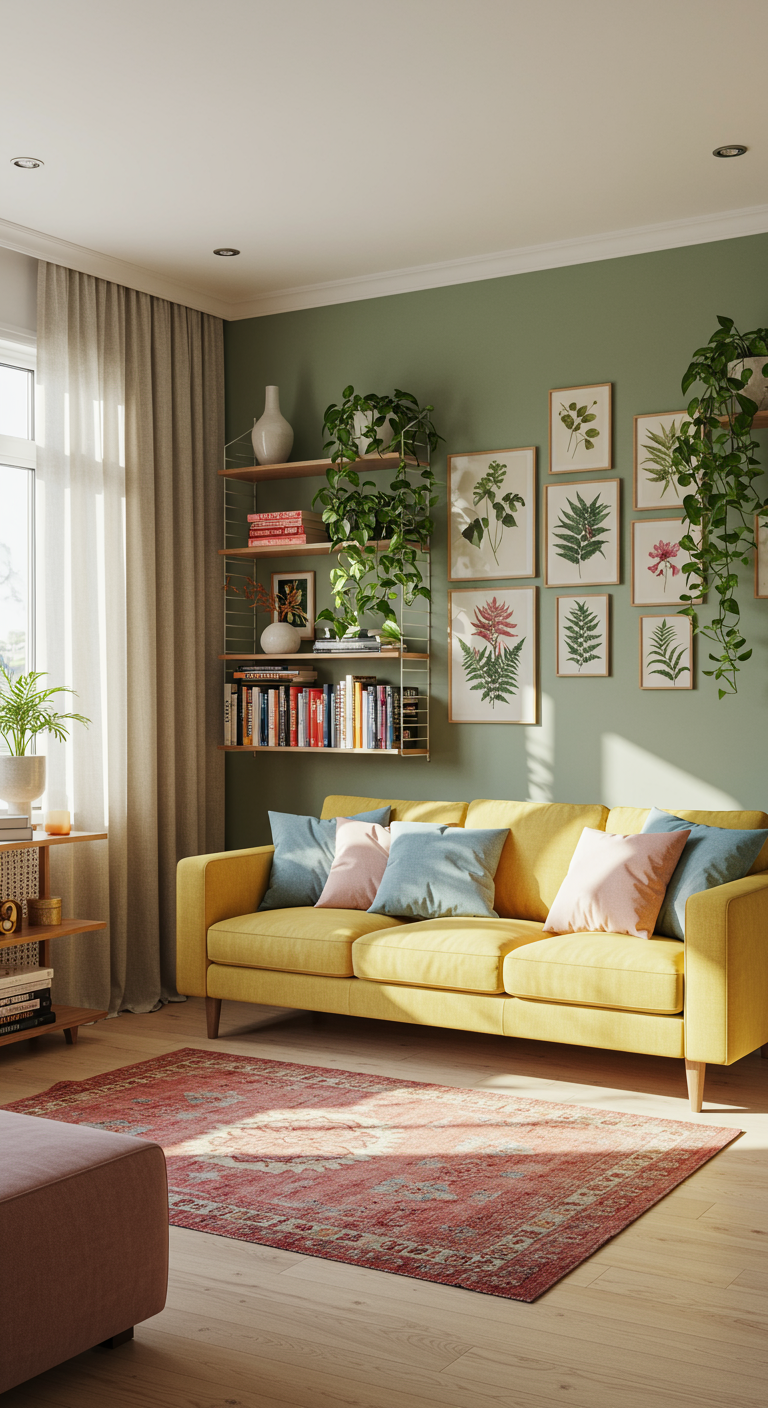 Cheerfully Chill Living Room - A sun-drenched modern living room featuring a pale yellow sofa adorned with dusty blue and blush pink throw pillows. A terracotta-colored rug sits atop light wood flooring, complemented by a sage green accent wall with a slightly crookedly hung gallery of botanical prints. Natural light streams through linen curtains, illuminating a bookshelf filled with colorful spines and a few trailing pothos plants; a slightly chipped ceramic vase sits on one of the shelves.