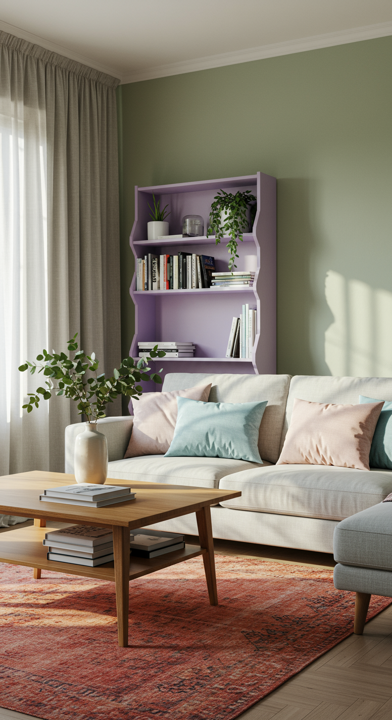 Serene Color Living Room Ambiances - A sun-drenched, modern living room with pale sage green walls, linen curtains slightly askew, and a worn but comfortable light gray sofa adorned with dusty blue and blush pink accent pillows. A natural light wood coffee table displays a stack of art books and a ceramic vase holding eucalyptus branches, while a textured terracotta rug anchors the space. A slightly crooked bookshelf painted a soft lavender hue houses a collection of novels and potted succulents, casting subtle shadows on the wall.