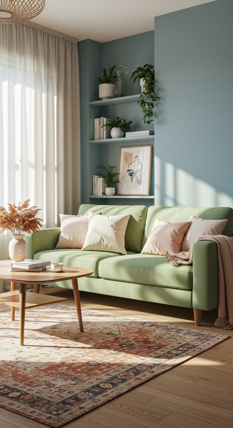 Vibrant & Balanced Living Room - A bright, modern living room bathed in natural light, showcasing a comfortable sage green sofa adorned with textured throw pillows in blush pink and cream. A light wood coffee table sits atop a subtly patterned rug in muted terracotta and cream tones. Sunlight streams through linen curtains, illuminating indoor plants arranged on a bookshelf painted a soft, dusty blue, with a slightly crooked picture frame hanging above it.