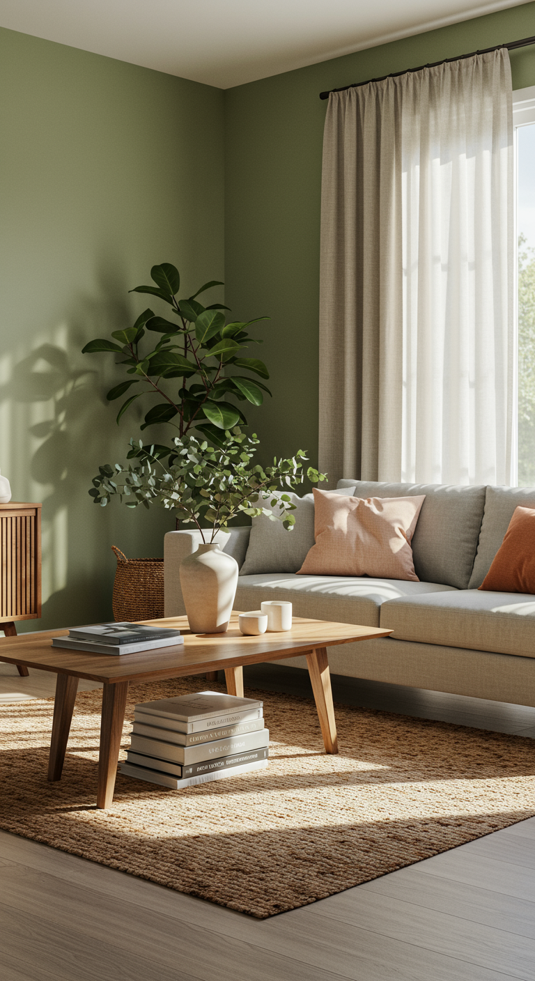 Easygoing Color Living Room - A sun-drenched, modern living room with sage green walls and a light gray linen sofa adorned with blush pink and terracotta accent pillows. A woven jute rug sits atop light oak flooring, grounding a coffee table styled with stacked books and a ceramic vase holding eucalyptus branches. Natural light streams through sheer linen curtains, illuminating a fiddle-leaf fig in a woven basket.