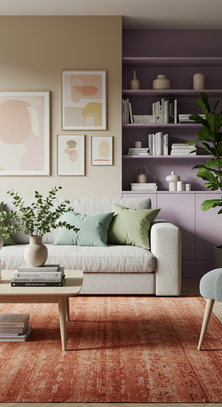 Cozy & Colorful Living Room - A modern living room interior bathed in soft natural light, featuring a light gray linen sofa adorned with sage green and dusty blue accent pillows. A terracotta-colored rug anchors the space, complemented by a light wood coffee table displaying a stack of art books and a ceramic vase with eucalyptus branches. The walls are painted a warm neutral tone, accented by a gallery wall with abstract art in muted blush pink and pale yellow hues. A bookshelf painted a soft lavender color displays a mix of books and decorative objects, while a large fiddle-leaf fig tree adds a touch of organic texture. Subtle imperfections like a slightly worn rug and a small scratch on the coffee table enhance the realism.