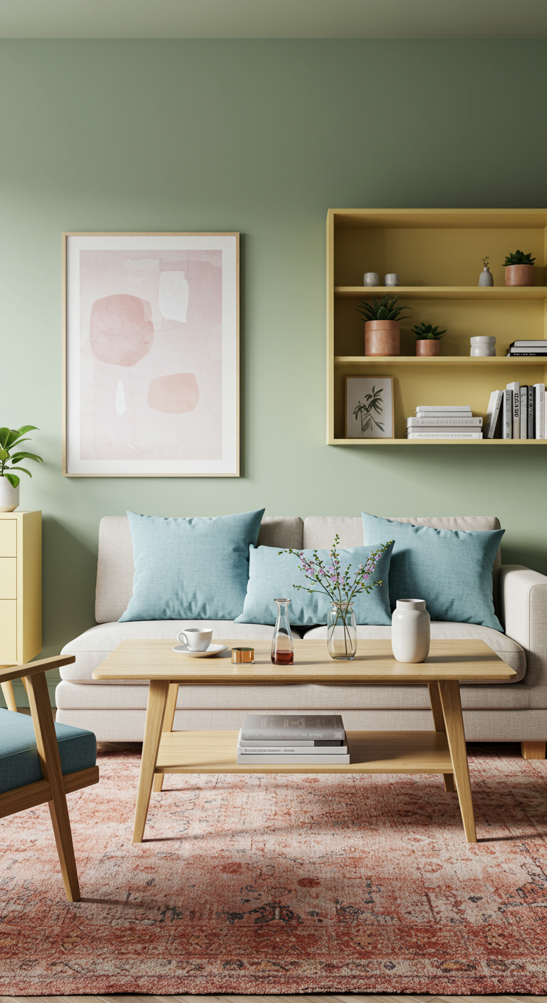 Inviting Color Living Room - A modern living room bathed in natural light, showcasing soft sage green walls complemented by a light wood coffee table with visible wood grain imperfections. Dusty blue linen throw pillows adorn a neutral-toned sofa, paired with a terracotta-colored rug featuring subtle wear patterns. A leaning bookshelf painted a pale yellow houses a collection of books and small potted plants, while a piece of abstract art with blush pink and lavender accents hangs slightly crooked on the wall.