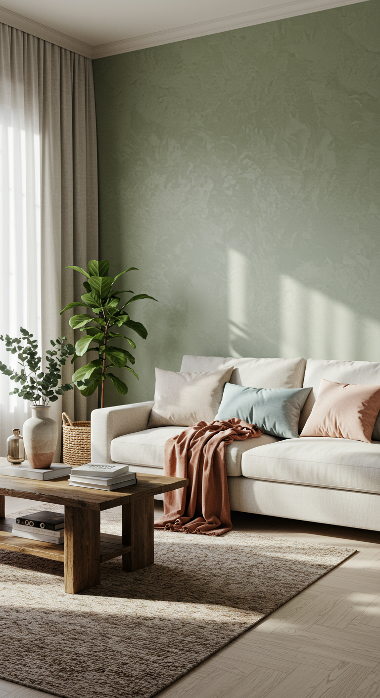 Soothing Hues for Living Room - A sun-drenched, modern living room with walls painted a soft sage green, showcasing subtle imperfections in the plaster. Light streams through linen curtains, illuminating a plush, off-white sofa adorned with dusty blue and blush pink accent pillows. A natural fiber rug anchors the space, layered over wide-plank, light wood flooring; a terracotta-colored throw blanket is casually draped over the sofa's arm. A reclaimed wood coffee table displays a stack of books and a ceramic vase holding eucalyptus branches, while a fiddle-leaf fig in a woven basket adds a touch of vibrant greenery to the serene setting.