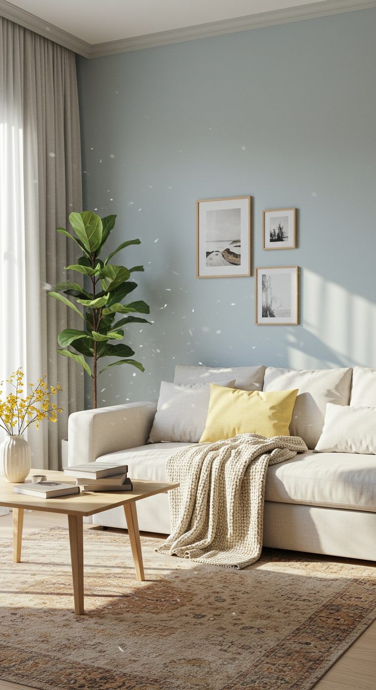 Barely-There Bright Living Room - A modern living room bathed in natural light, featuring light gray walls with a subtle hint of blue. A creamy white linen sofa is adorned with a few pale yellow throw pillows and a textured boucle blanket. Sheer curtains filter sunlight, illuminating a light wood coffee table and a scattering of books.