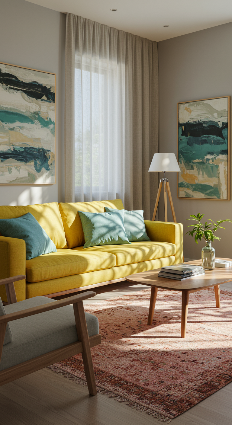 Sophisticated Brightness Living Room - A sun-drenched, modern living room with light gray walls and a bright yellow linen couch. Accent pillows in muted blues and greens adorn the couch, complementing a large abstract painting with similar hues. Natural light streams through sheer linen curtains, illuminating light wood furniture and a scattering of indoor plants. A slightly crooked, hand-knotted rug in terracotta and blush pink anchors the space, adding warmth to the sophisticated, yet inviting atmosphere.