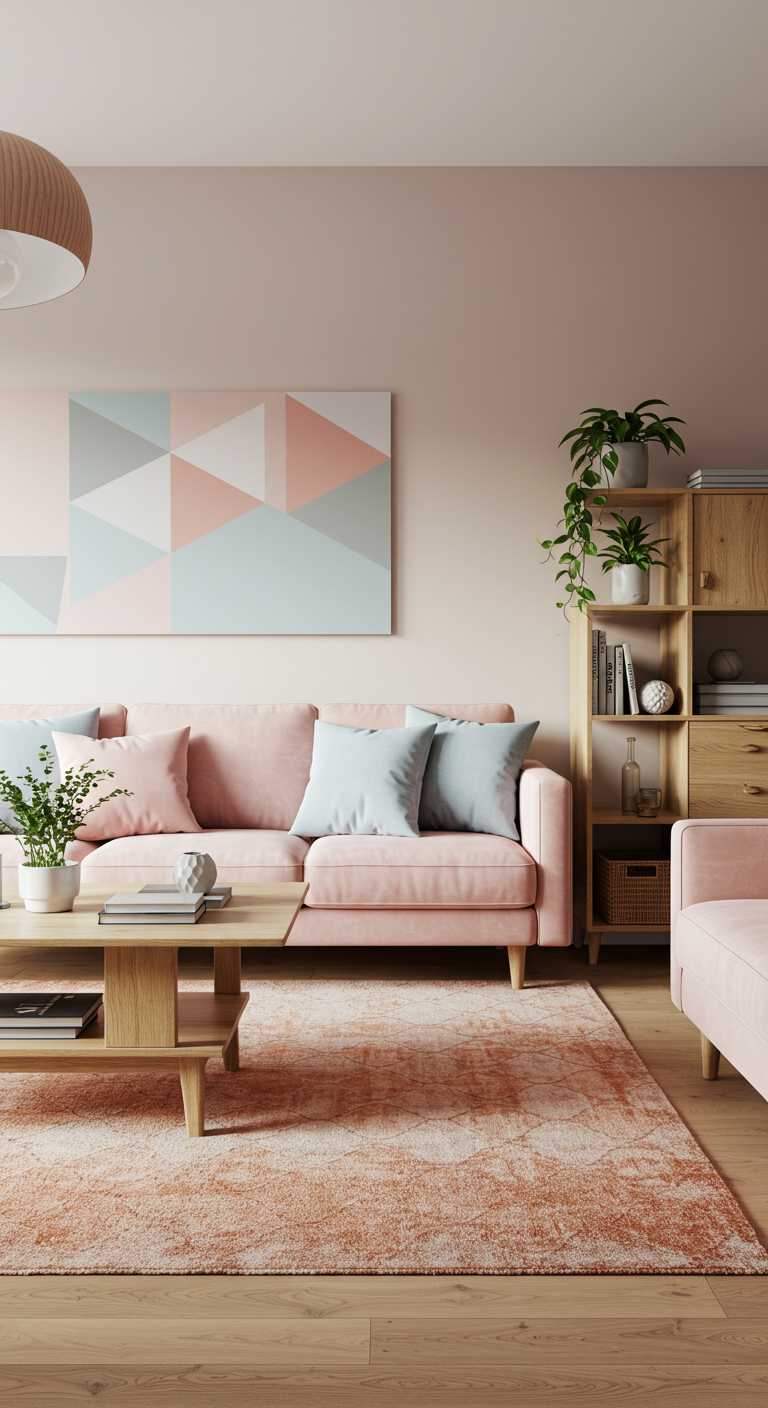 Soft Geo Living Room Color Schemes - A modern living room bathed in natural light, showcasing a soft geo color scheme. A muted blush pink sofa is adorned with geometric throw pillows in light gray and pastel blue, resting on a rug with a subtle hexagonal pattern in terracotta and warm neutral tones. Light wood furniture, including a coffee table with a few visible scratches and a bookshelf displaying indoor plants, complements the overall calm and cozy aesthetic.